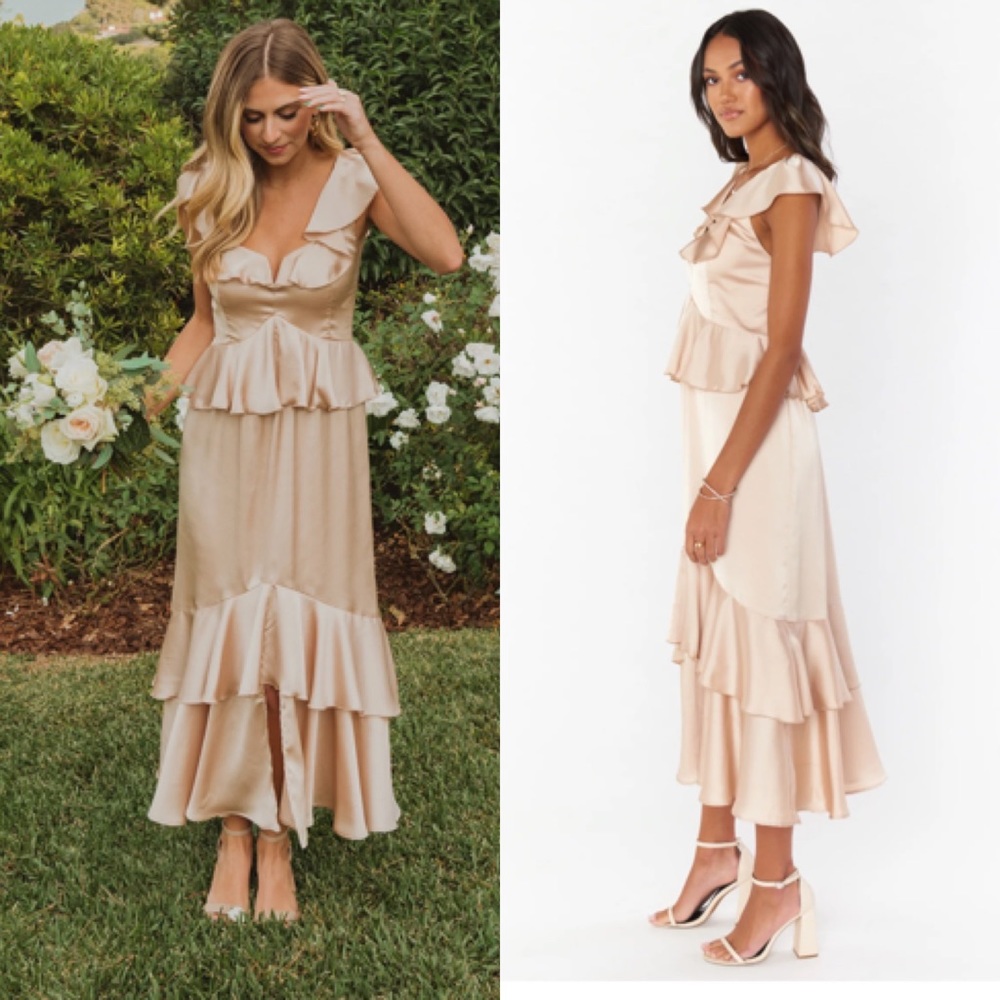 NEW Show Me Your Mumu Reese Ruffle Dress Champagne Luxe Satin Size XS